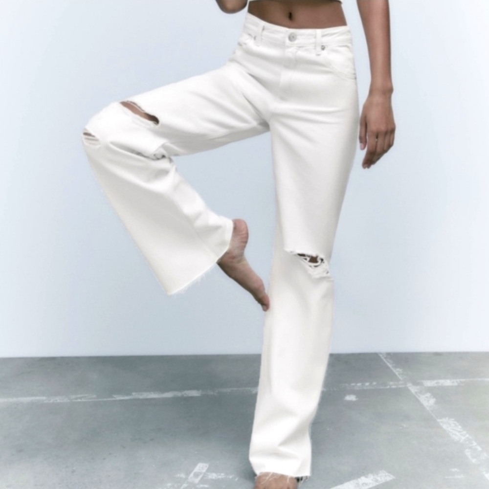 Zara Wide Leg High Rise Full Length Distressed Jeans 2